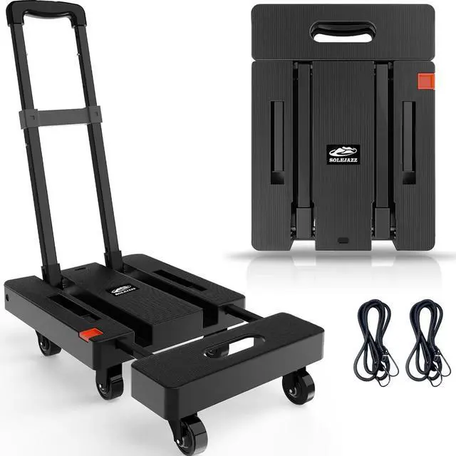 Main image of SOLEJAZZ Folding Hand Truck Portable Dolly Cart with Wheels Foldable 500LB Heavy Duty Luggage Cart Collapsible Hand Cart Moving Dolly for Airport Travel Furniture Luggage Office Moving, Black