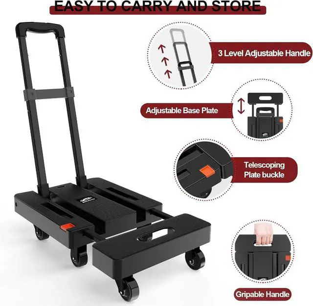 Alt view image 4 of 7 - SOLEJAZZ Folding Hand Truck Portable Dolly Cart with Wheels Foldable 500LB Heavy Duty Luggage Cart Collapsible Hand Cart Moving Dolly for Airport Travel Furniture Luggage Office Moving, Black