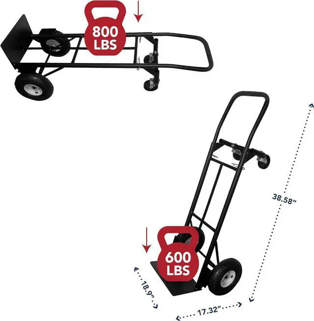 Alt view image 2 of 7 - Olympia Tools 800 Lb Steel Convertible Hand Truck with 10" Pneumatic Wheels for Home and Office Use