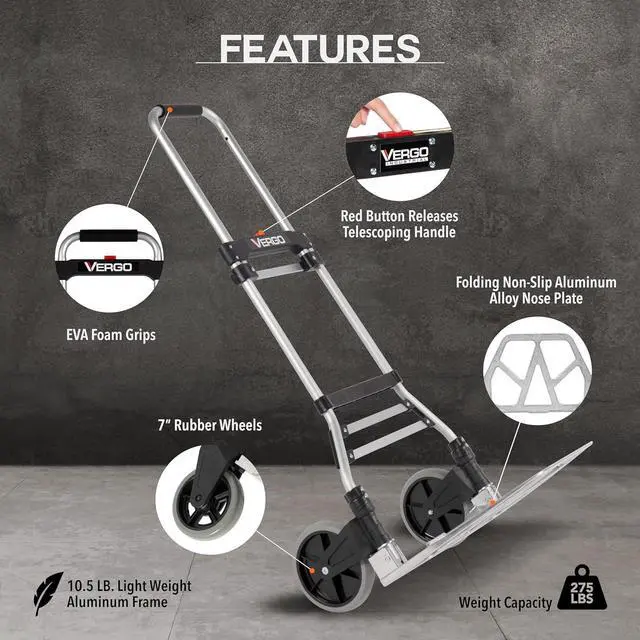 Alt view image 2 of 7 - Vergo 275 Ibs Capacity Folding Hand Truck Dolly  Lightweight Aluminum Frame Dolly Cart with 42" Telescoping Handle, Compact Hand Cart with 7 Rubber Wheels - Ideal for Multi-Purpose Use (S300BT)