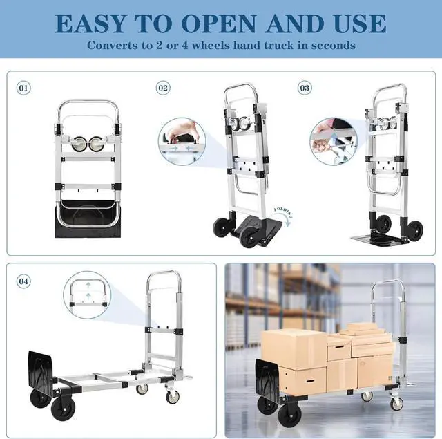 Alt view image 4 of 7 - 600-Pound Heavy-Duty 4-Wheel Folding Hand Truck/Cart with Adjustable Height & Length for Ultimate Versatility