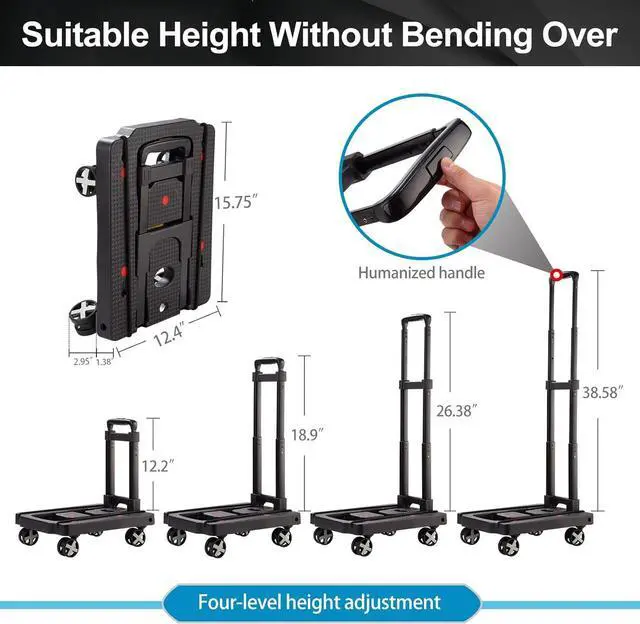 Alt view image 3 of 7 - Folding Hand Truck,Lightweight Hand Truck Dolly Foldable,Luggage cart with 4 Rotate Wheels,Utility Cart with Adjustable Handle,Collapsible Dolly for Moving Travel Office-Black
