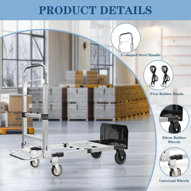Alt view image 7 of 7 - 600-Pound Heavy-Duty 4-Wheel Folding Hand Truck/Cart with Adjustable Height & Length for Ultimate Versatility