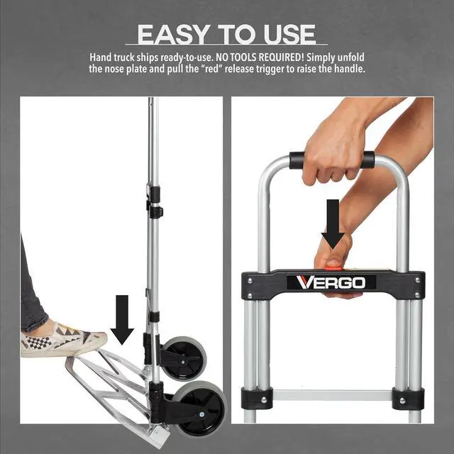 Alt view image 3 of 7 - Vergo 275 Ibs Capacity Folding Hand Truck Dolly  Lightweight Aluminum Frame Dolly Cart with 42" Telescoping Handle, Compact Hand Cart with 7 Rubber Wheels - Ideal for Multi-Purpose Use (S300BT)