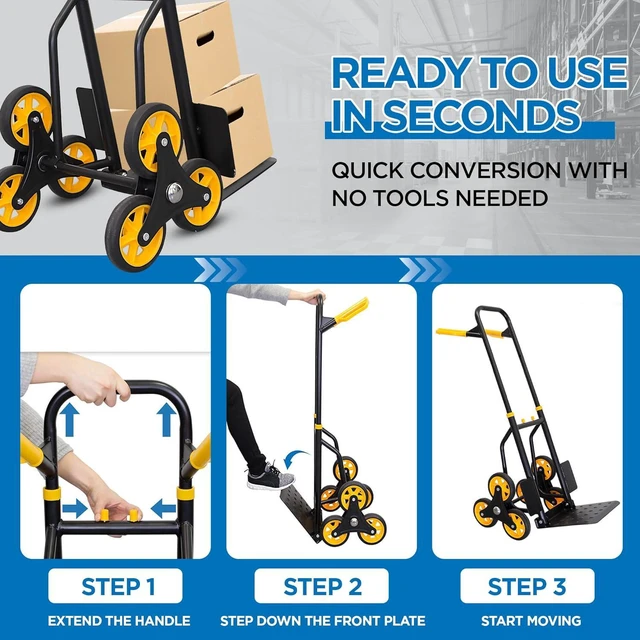 Alt view image 3 of 7 - Mount-It! Stair Climbing Dolly, 330 Lb Capacity Heavy-Duty Stair Climbing Hand Truck with Telescoping Handle and 6 Wheels
