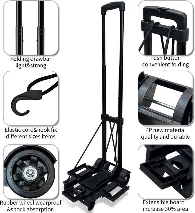 Alt view image 2 of 6 - Folding Hand Truck,Portable Platform Luggage Cart Collapsible Dolly with 2 Wheels & 2 Ropes,Utility Portable Expandable Large Chassis Collapsible for Moving Airport Travel Luggage Office Use,Black