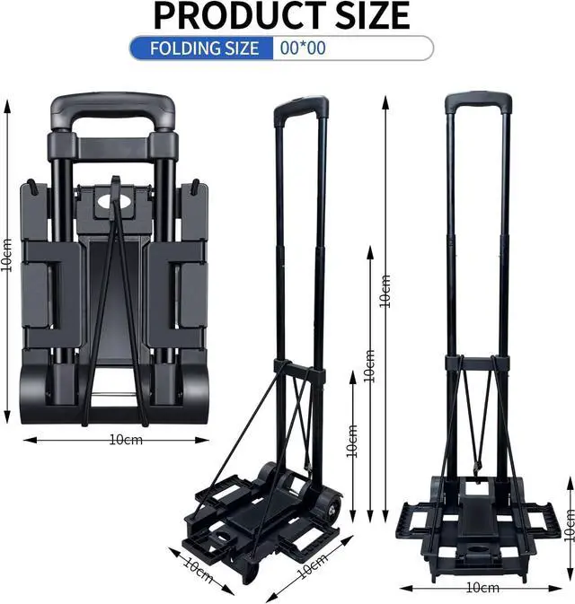 Alt view image 3 of 6 - Folding Hand Truck,Portable Platform Luggage Cart Collapsible Dolly with 2 Wheels & 2 Ropes,Utility Portable Expandable Large Chassis Collapsible for Moving Airport Travel Luggage Office Use,Black