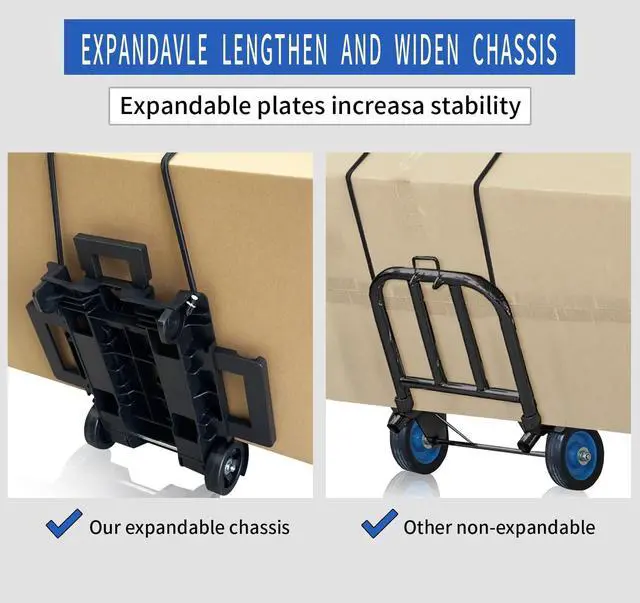 Alt view image 5 of 6 - Folding Hand Truck,Portable Platform Luggage Cart Collapsible Dolly with 2 Wheels & 2 Ropes,Utility Portable Expandable Large Chassis Collapsible for Moving Airport Travel Luggage Office Use,Black
