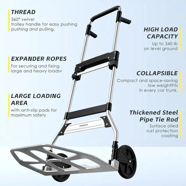 Alt view image 2 of 7 - Folding Hand Truck Dolly Cart,340LB Capacity Portable Aluminum Dolly Cart with Telescoping Handle and 7 Inch Rubber Wheels for Moving,Shopping,Travel,Office Use