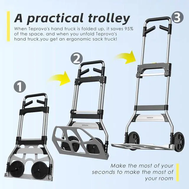 Alt view image 4 of 7 - Folding Hand Truck Dolly Cart,340LB Capacity Portable Aluminum Dolly Cart with Telescoping Handle and 7 Inch Rubber Wheels for Moving,Shopping,Travel,Office Use