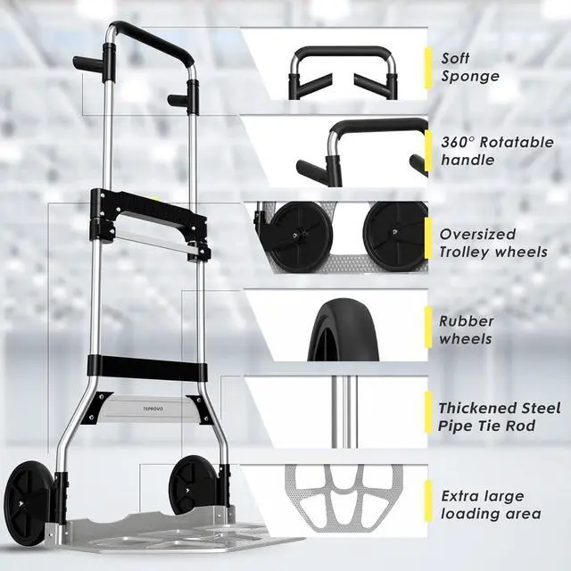 Alt view image 5 of 7 - Folding Hand Truck Dolly Cart,340LB Capacity Portable Aluminum Dolly Cart with Telescoping Handle and 7 Inch Rubber Wheels for Moving,Shopping,Travel,Office Use