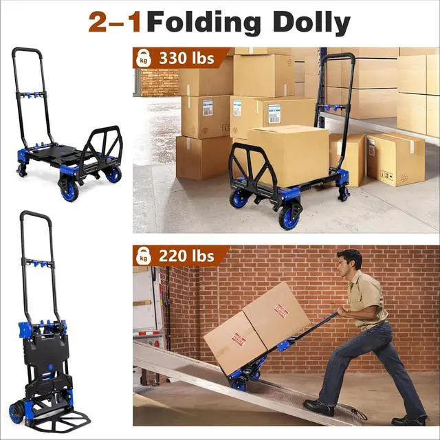 Alt view image 2 of 5 - 2 in 1 Hand Truck Dolly Foldable with Basket,Hand Truck Foldable with Retractable Handle,330LBS Capacity Folding Hand Cart,Portable Dolly Cart with Wheels for Moving
