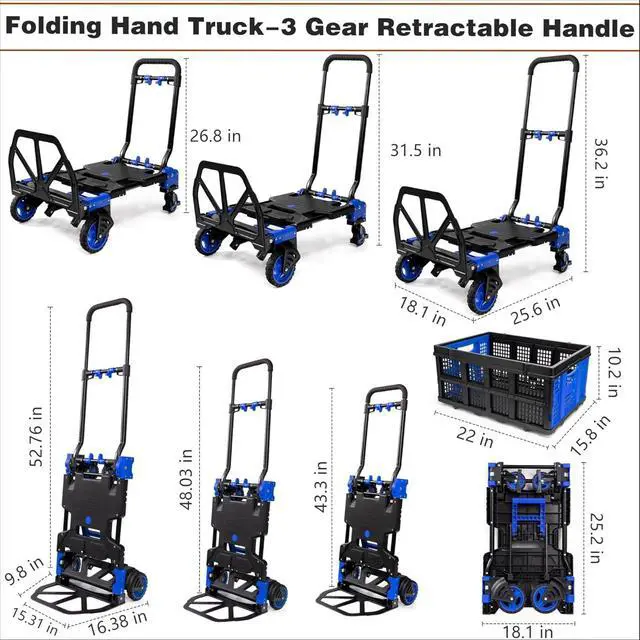 Alt view image 3 of 5 - 2 in 1 Hand Truck Dolly Foldable with Basket,Hand Truck Foldable with Retractable Handle,330LBS Capacity Folding Hand Cart,Portable Dolly Cart with Wheels for Moving