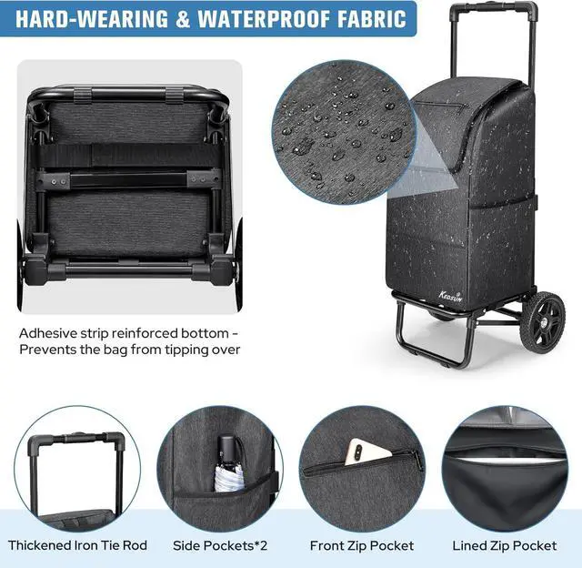 Alt view image 4 of 7 - KEDSUM 2 in 1 Shopping Cart for Groceries, 330 lbs Grocery Cart on Wheels, Foldable Utility Carts with Wheels, Load-Bearing Hand Truck with Waterproof Bag for Shopping, Camping, Laundry, Garden, Black