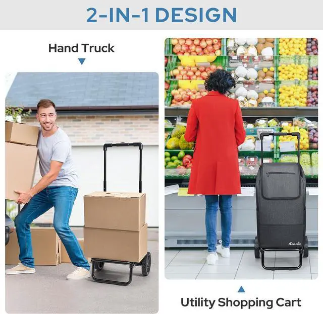 Alt view image 7 of 7 - KEDSUM 2 in 1 Shopping Cart for Groceries, 330 lbs Grocery Cart on Wheels, Foldable Utility Carts with Wheels, Load-Bearing Hand Truck with Waterproof Bag for Shopping, Camping, Laundry, Garden, Black