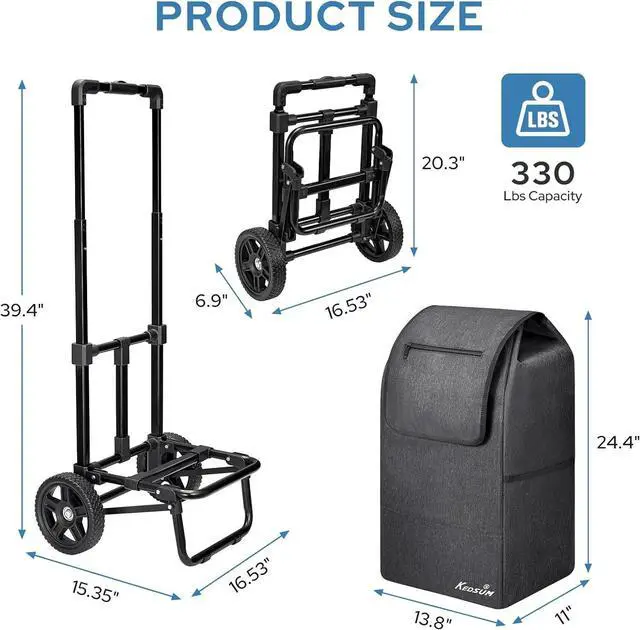 Alt view image 6 of 7 - KEDSUM 2 in 1 Shopping Cart for Groceries, 330 lbs Grocery Cart on Wheels, Foldable Utility Carts with Wheels, Load-Bearing Hand Truck with Waterproof Bag for Shopping, Camping, Laundry, Garden, Black