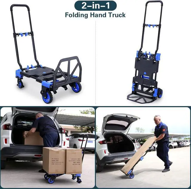 Alt view image 2 of 6 - 2-in-1Folding Hand Truck Dolly with Folding Basket, 330LBS Capacity Foldable Hand cart,Folding Dolly with Retractable Handle,Hand Truck Foldable with 4 Wheels for Moving