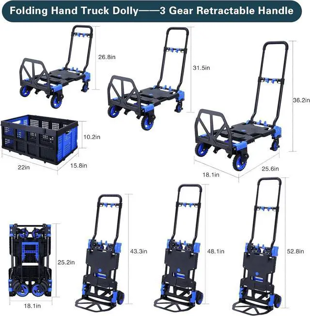 Alt view image 3 of 6 - 2-in-1Folding Hand Truck Dolly with Folding Basket, 330LBS Capacity Foldable Hand cart,Folding Dolly with Retractable Handle,Hand Truck Foldable with 4 Wheels for Moving