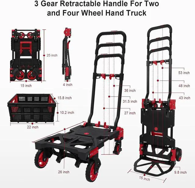 Alt view image 3 of 7 - 2 in 1 Hand Truck Dolly with Folding Basket,Folding Hand Truck Heavy Duty 330lbs Capacity,Foldable Hand Trcuk with Retractable Handle and Rubber Wheels,Dolly Cart with Bungee Cords for Moving