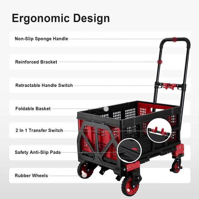 Alt view image 4 of 7 - 2 in 1 Hand Truck Dolly with Folding Basket,Folding Hand Truck Heavy Duty 330lbs Capacity,Foldable Hand Trcuk with Retractable Handle and Rubber Wheels,Dolly Cart with Bungee Cords for Moving