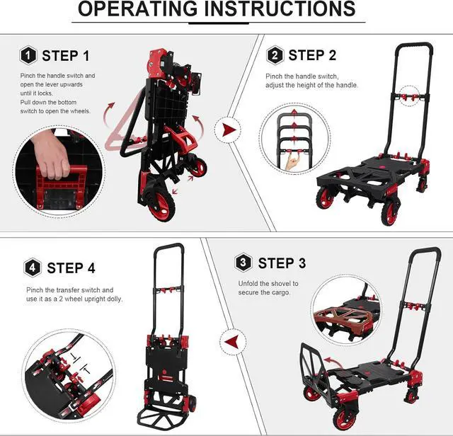 Alt view image 5 of 7 - 2 in 1 Hand Truck Dolly with Folding Basket,Folding Hand Truck Heavy Duty 330lbs Capacity,Foldable Hand Trcuk with Retractable Handle and Rubber Wheels,Dolly Cart with Bungee Cords for Moving