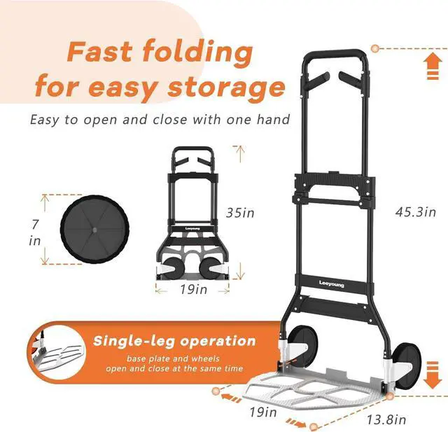 Alt view image 3 of 7 - Leeyoung Folding Hand Truck Dolly Cart with Wheels,Heavy Duty 375lb Dolly for MovingAluminum Wheel Bracket and Steel Tube Frame, Foldable Hand Truck with Adjustable Handle for Moving Indoor/Outdoor