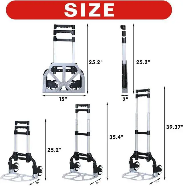 Alt view image 3 of 7 - Folding Hand Truck Dolly CartAluminum Portable Hand Cart for Daily handling Work180lbs, with Silent WheelTelescoping HandleBlack Bungee Cord, Can Stand AloneLight Weight