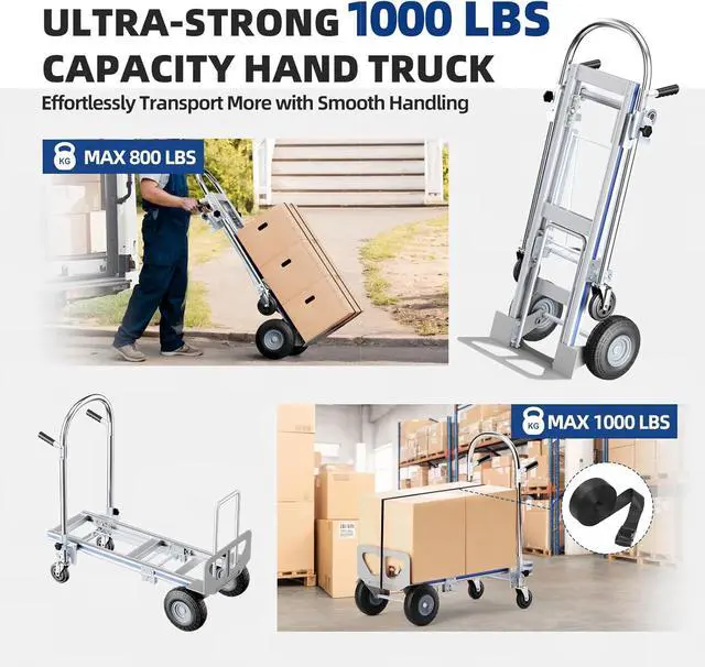 Alt view image 3 of 7 - Hand Trucks Heavy Duty Aluminum Dolly Cart, 3 in 1 Design 1000 Lbs Capacity with Solid Wheels - Foldable, Portable, Ergonomic Handle, Perfect for Construction, Warehouses, Factories, Indoor & Outdoor