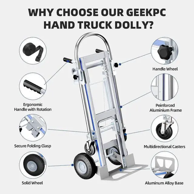 Alt view image 5 of 7 - Hand Trucks Heavy Duty Aluminum Dolly Cart, 3 in 1 Design 1000 Lbs Capacity with Solid Wheels - Foldable, Portable, Ergonomic Handle, Perfect for Construction, Warehouses, Factories, Indoor & Outdoor