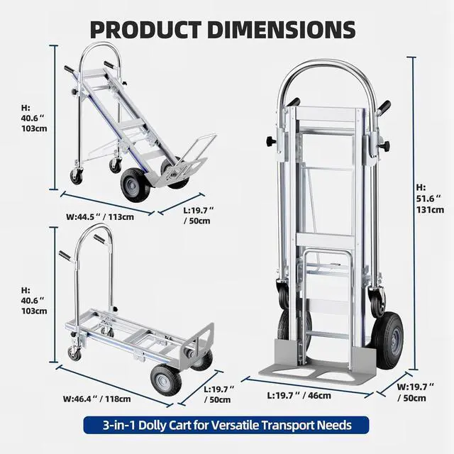 Alt view image 4 of 7 - Hand Trucks Heavy Duty Aluminum Dolly Cart, 3 in 1 Design 1000 Lbs Capacity with Solid Wheels - Foldable, Portable, Ergonomic Handle, Perfect for Construction, Warehouses, Factories, Indoor & Outdoor