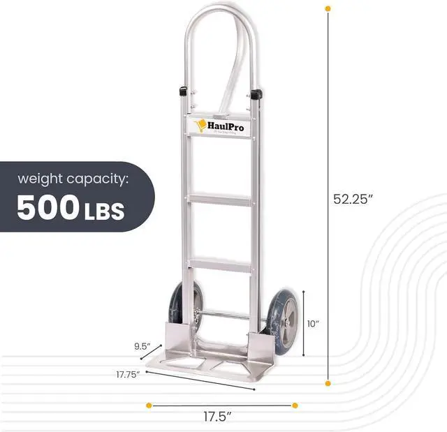 Alt view image 2 of 7 - Heavy Duty Hand Truck with Vertical Loop Handle - Aluminum Dolly Cart for Moving - 500 Pound Capacity - 10" Rubber Wheels - 52.25" H x 17.5" W with 17.75" x 9.5" Diecast Nose Plate