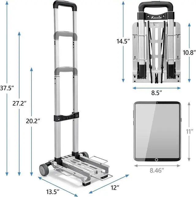 Alt view image 7 of 7 - KEDSUM Mini Luggage Cart with Wheels Foldable, Lightweight Aluminum Trolley Cart with Wheels, Expandable Baseplate Foding Hand Truck Dolly, Small Backpack Portable Dolly for Airport Travel Moving Use