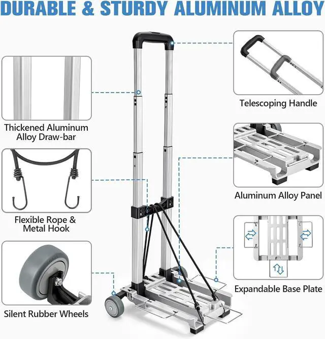 Alt view image 4 of 7 - KEDSUM Mini Luggage Cart with Wheels Foldable, Lightweight Aluminum Trolley Cart with Wheels, Expandable Baseplate Foding Hand Truck Dolly, Small Backpack Portable Dolly for Airport Travel Moving Use