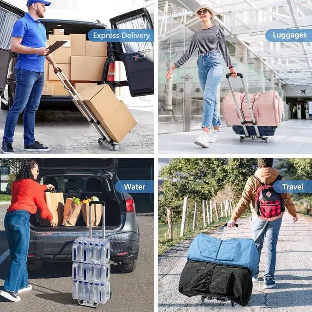 Alt view image 6 of 7 - KEDSUM Mini Luggage Cart with Wheels Foldable, Lightweight Aluminum Trolley Cart with Wheels, Expandable Baseplate Foding Hand Truck Dolly, Small Backpack Portable Dolly for Airport Travel Moving Use