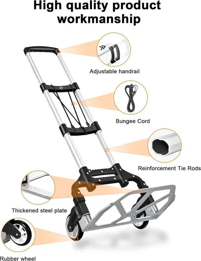 Alt view image 3 of 7 - Folding Hand Truck, Dolly Cart with Wheels Foldable, Lightweight Aluminum Luggage Cart Portable Collapsible Trolly for Utility Cart, Hand Trucks for Moving Travel Shopping Airport Office
