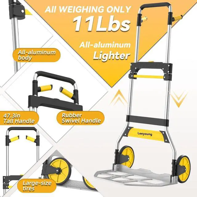 Alt view image 2 of 7 - Aluminum Folding Hand Truck 309lb Capacity - Collapsible Dolly Cart with 47.3" Adjustable Handle, TPR Wheels & Portable Hand Truck Design, 11lbs Lightweight Storage Solution (No Assembly)