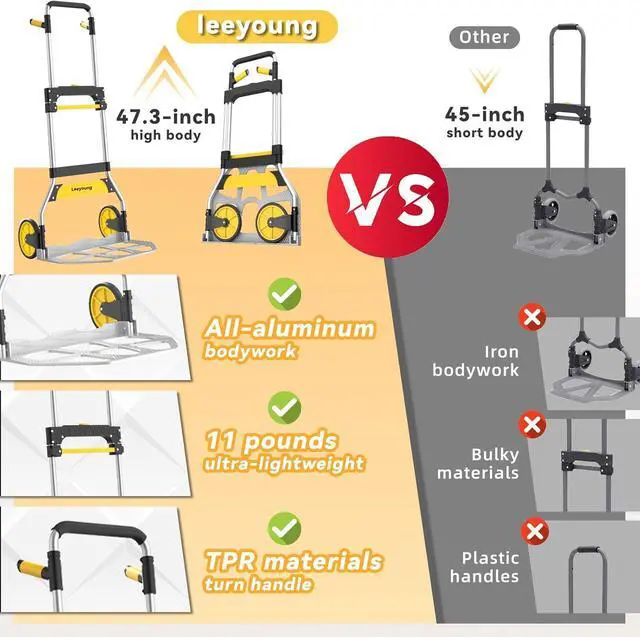 Alt view image 4 of 7 - Aluminum Folding Hand Truck 309lb Capacity - Collapsible Dolly Cart with 47.3" Adjustable Handle, TPR Wheels & Portable Hand Truck Design, 11lbs Lightweight Storage Solution (No Assembly)