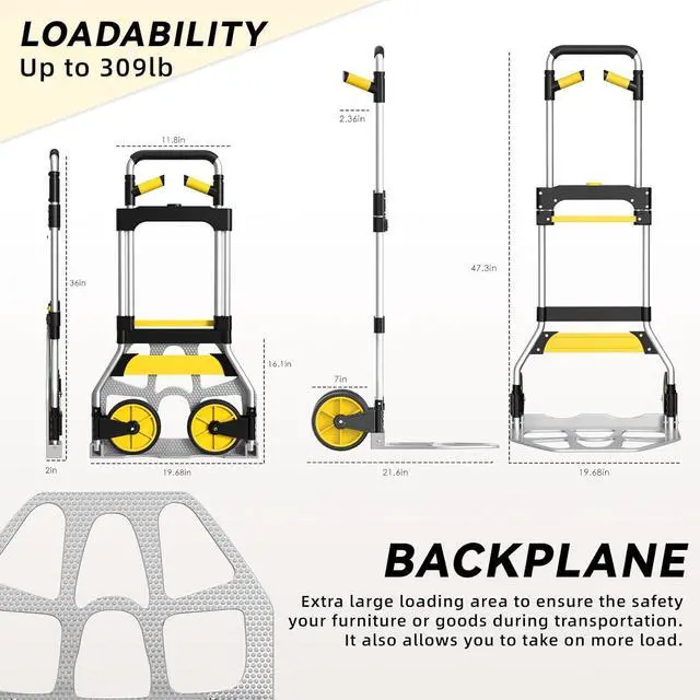 Alt view image 5 of 7 - Aluminum Folding Hand Truck 309lb Capacity - Collapsible Dolly Cart with 47.3" Adjustable Handle, TPR Wheels & Portable Hand Truck Design, 11lbs Lightweight Storage Solution (No Assembly)