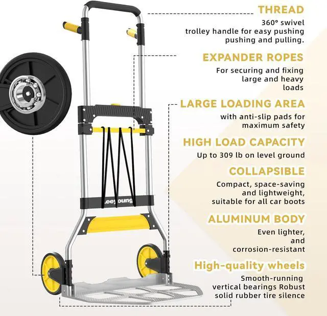 Alt view image 6 of 7 - Aluminum Folding Hand Truck 309lb Capacity - Collapsible Dolly Cart with 47.3" Adjustable Handle, TPR Wheels & Portable Hand Truck Design, 11lbs Lightweight Storage Solution (No Assembly)