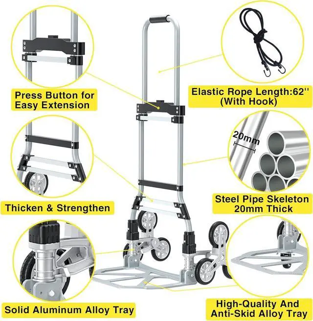 Alt view image 3 of 7 - 260 LB Stair Climbing Cart, Aluminum Trolley Dolly for Stairs, Folding Hand Truck Dolly, Grocery Shopping Cart with Mute Wheels, Telescoping Handle and Rubber Wheels for Moving, Shopping