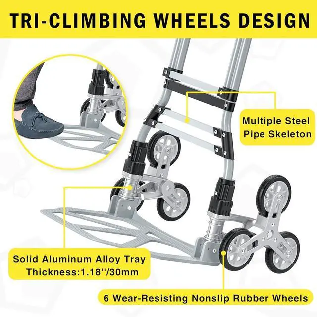 Alt view image 5 of 7 - 260 LB Stair Climbing Cart, Aluminum Trolley Dolly for Stairs, Folding Hand Truck Dolly, Grocery Shopping Cart with Mute Wheels, Telescoping Handle and Rubber Wheels for Moving, Shopping