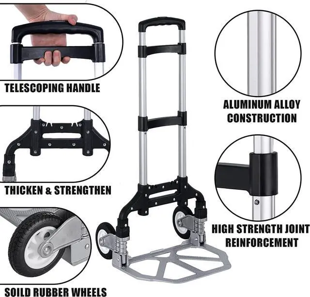 Alt view image 4 of 6 - Folding Hand Truck Dolly Aluminum Folding Hand Cart Luggage Trolley Cart Max 175lbs Capacity Dolly Cart, with Telescoping Handle and Rubber Wheels, Double Bearings