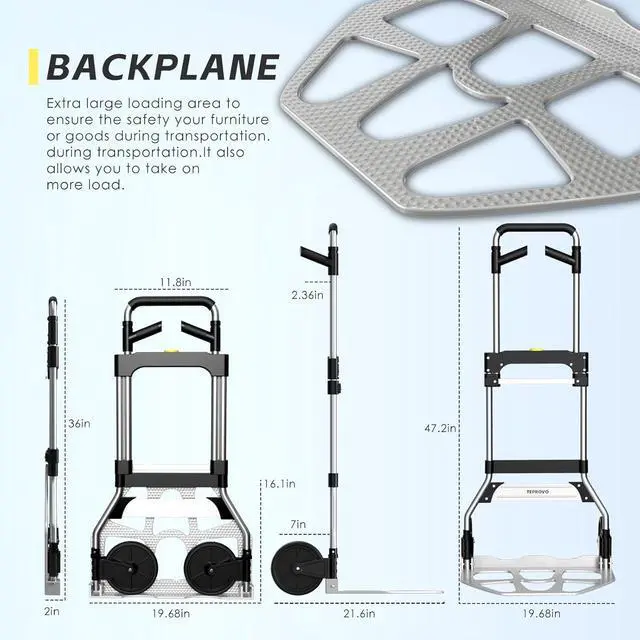 Alt view image 3 of 7 - Folding Hand Truck Dolly Cart,340LB Capacity Portable Aluminum Dolly Cart with Telescoping Handle and 7 Inch Rubber Wheels for Moving,Shopping,Travel,Office Use