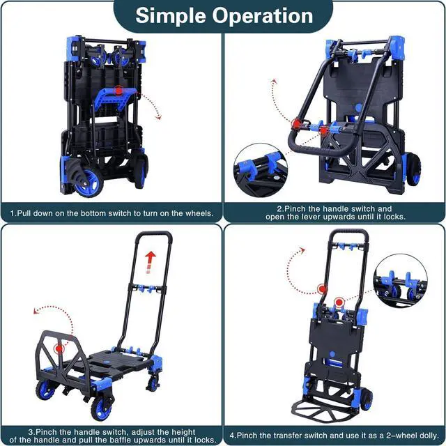 Alt view image 5 of 6 - 2-in-1Folding Hand Truck Dolly with Folding Basket, 330LBS Capacity Foldable Hand cart,Folding Dolly with Retractable Handle,Hand Truck Foldable with 4 Wheels for Moving