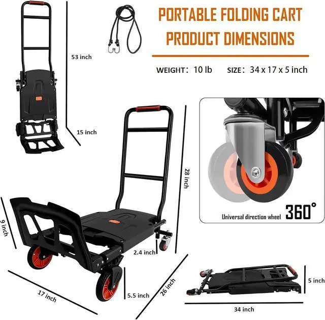 Alt view image 2 of 7 - Folding Hand Truck, Dolly Cart Heavy Duty with 440lbs Capacity & 4 Wheels, Portable Hand Truck Dolly, 2in1 Transform Hand Cart, Collapsible Small Platform Cart for Home/Office/Travel Use, Easy Storage