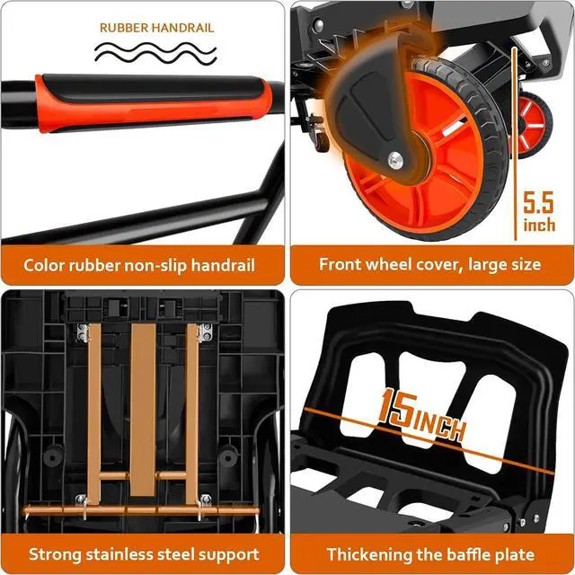 Alt view image 3 of 7 - Folding Hand Truck, Dolly Cart Heavy Duty with 440lbs Capacity & 4 Wheels, Portable Hand Truck Dolly, 2in1 Transform Hand Cart, Collapsible Small Platform Cart for Home/Office/Travel Use, Easy Storage