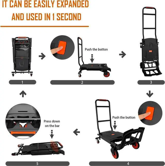 Alt view image 5 of 7 - Folding Hand Truck, Dolly Cart Heavy Duty with 440lbs Capacity & 4 Wheels, Portable Hand Truck Dolly, 2in1 Transform Hand Cart, Collapsible Small Platform Cart for Home/Office/Travel Use, Easy Storage