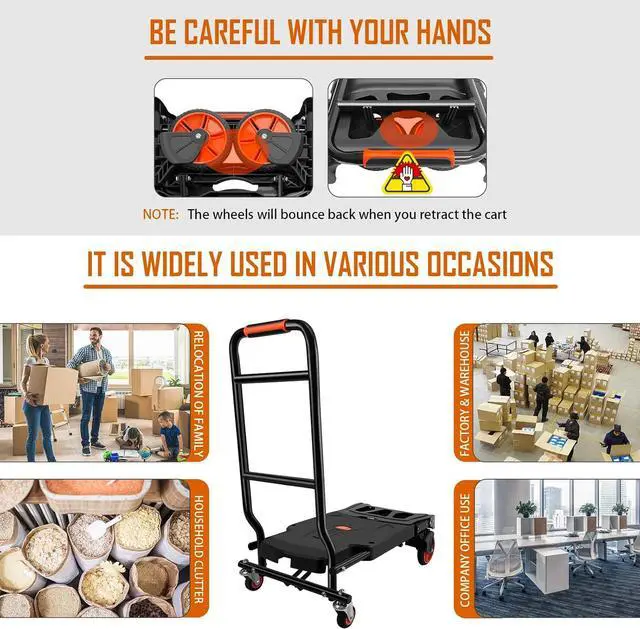 Alt view image 6 of 7 - Folding Hand Truck, Dolly Cart Heavy Duty with 440lbs Capacity & 4 Wheels, Portable Hand Truck Dolly, 2in1 Transform Hand Cart, Collapsible Small Platform Cart for Home/Office/Travel Use, Easy Storage