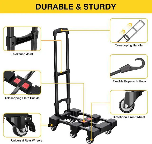 Alt view image 3 of 6 - Folding Hand Truck, 500 LB Portable Dolly Cart Heavy Duty Luggage Cart with 6 Wheels & 2 Ropes for Travel, Moving, Shopping