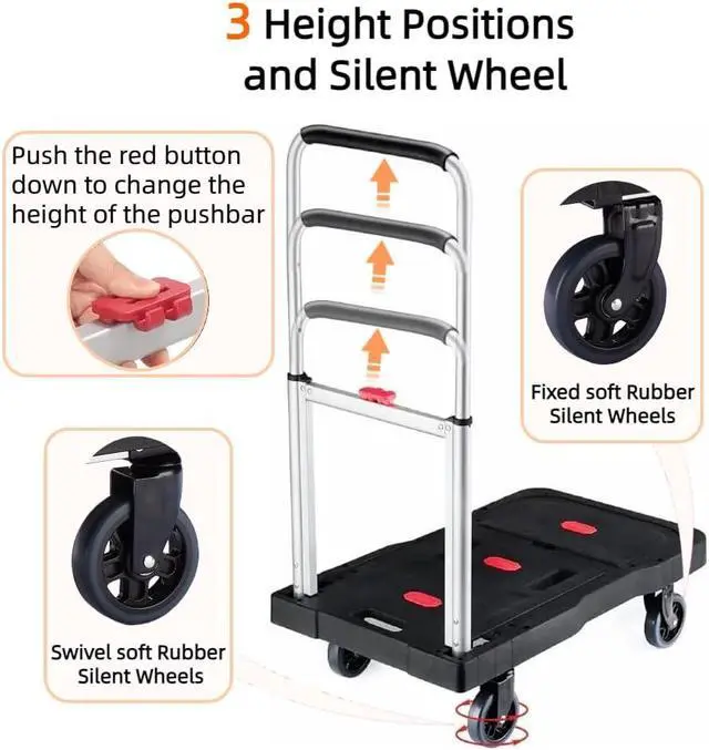 Alt view image 4 of 7 - Folding Hand Truck, 330 Lbs Heavy Duty Luggage Cart, Portable Utility Dolly Platform Cart with Adjustable Handle for Auto, Luggage, Personal, Travel, Moving Shopping and Office Use